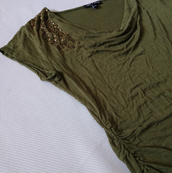 Ladies medium Cable & Gauge olive green cowl neck blouse slouch cinch sides bras - Picture 5 of 6
